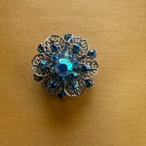 Blue Aurora Crystal Floral Brooch and Matching Earrings